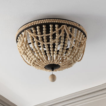 Dune Wood Bead 15.25" Bohemian Farmhouse Iron LED Semi Flush Mount - JONATHAN Y
